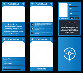 Editable Fantasy RPG Game Card Templates with flat blue color for Player Profile, Character Stats, and Role Information UI Design for Trading Card and Board Games