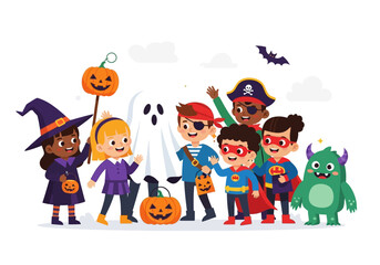 Costumed children enjoy halloween with ghost pumpkin and bat. Perfect for spookythemed designs, festive promotions, or holiday decorations.