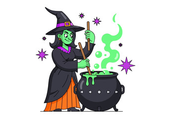 Green witch stirring cauldron for halloween. Suitable for spooky designs, party invitations, and holidaythemed social media posts. Festive and witchy vibes.