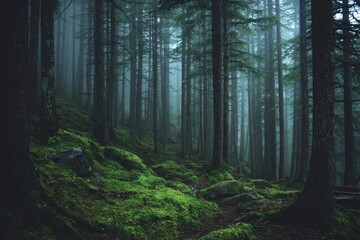 Obraz premium Misty, moss-covered forest path