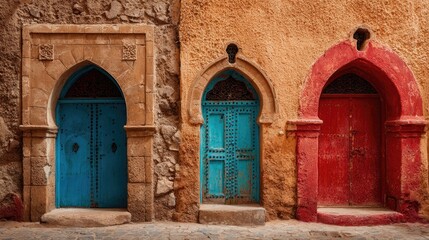 Three arched doorways in a sun-drenched alleyway