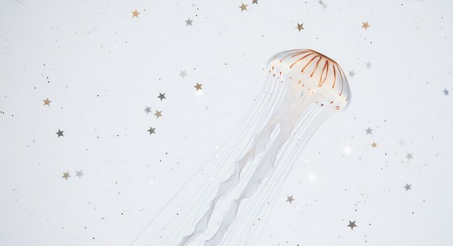 Elegant jellyfish gracefully floats amidst shimmering silver stars soft light. AI Generated