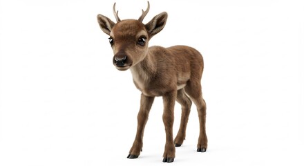 Adorable young deer fawn stands gently against bright white background. AI Generated