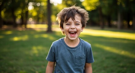 Joyful child laughs brightly in warm sunlight. AI Generated