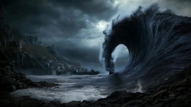 Dark storm ocean wave curling and crashing near rocky shore with fishing boats under cloudy sky by village creating intense dramatic atmosphere