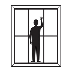 Silhouette of a person standing behind a large window raising their hand in a greeting or wave symbolizing connection or communication