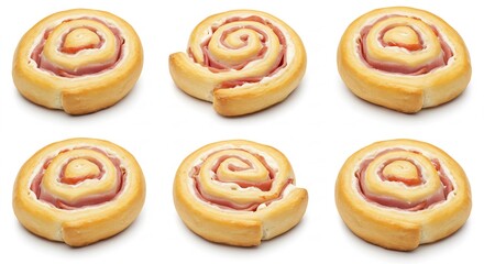 Fototapeta premium Six golden swirls of ham and cheese pastry baked to perfection. AI Generated