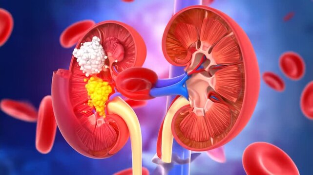 Detailed Kidney Anatomy Cross Section with Blood Cells in Red and Blue Background Showing Medical Condition