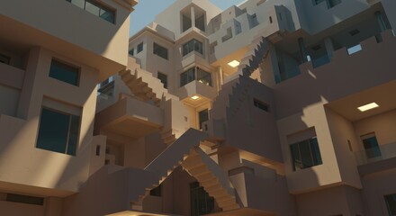Architectural puzzle of stairs and buildings, creating an optical illusion and complexity