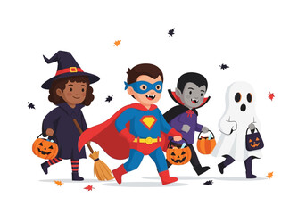 Kids in halloween costumes  witch, superman, vampire, ghost  walking. Suitable for halloweenthemed designs, posters, and promotions for childrens events.