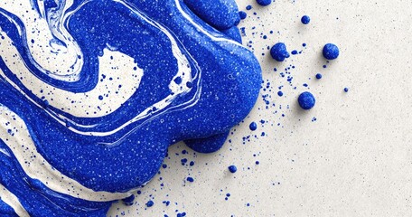 Obraz premium Swirling blue and white paint with splatters on a light grey background