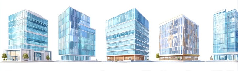 Modern glass office buildings.  Four tall, contemporary office buildings, various architectural styles, depicted from a street-level perspective against a plain white background. 