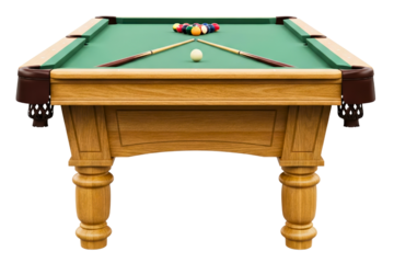 Classic wooden pool table with green felt and racked billiard balls isolated on a transparent background
