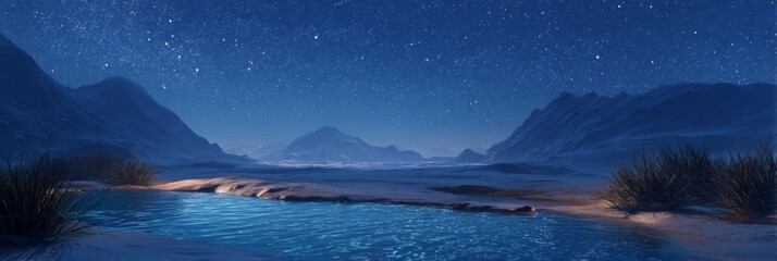 Obraz premium Serene Night Landscape with Stars Over Calm Water and Majestic Mountains in a Desert Environment