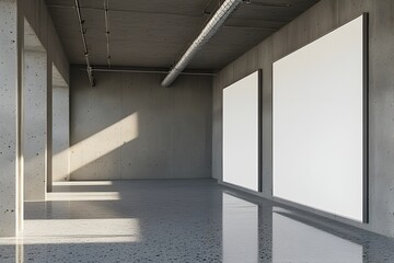 Fototapeta premium Modern minimalist concrete interior with blank white canvases for art or branding mockups