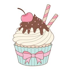 Cherry Fruit Cupcake With Melting Chocolate. Flat and Simple Food Illustration.