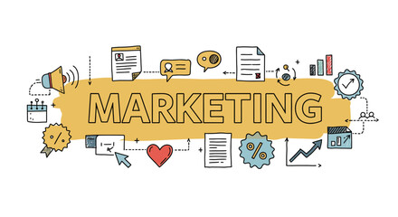 Marketing concept illustration with icons and text on a yellow background.