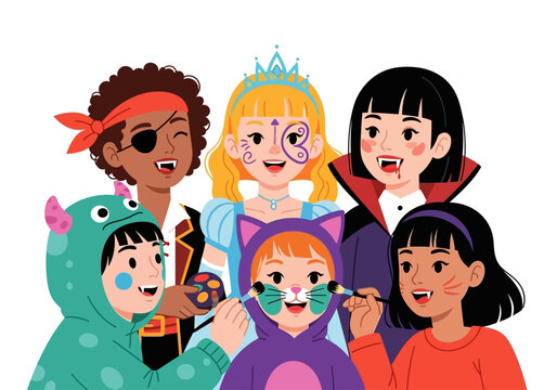 Six children in halloween costumes getting face painted. Perfect for spooky themed designs, halloween promotions, party invitations, and festive event posters.
