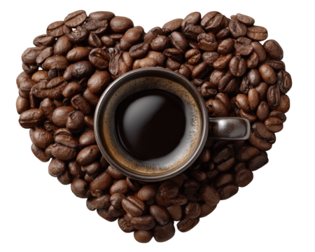 Coffee bean heart shape espresso cup in center dark roasted aromatic love for coffee morning energy caffeine passion creative food art isolated background