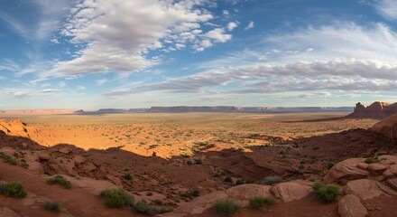 Fototapeta premium Monument Valley Panoramic View with Dramatic Sky and Red Rock Formations Inspiring American West Landscape Photography