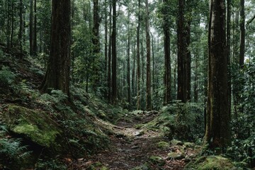 Lush, mossy forest path winds through tall trees