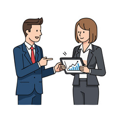 Obraz premium Businessman and businesswoman discussing a positive sales report on a tablet, illustrating data analysis and professional collaboration.