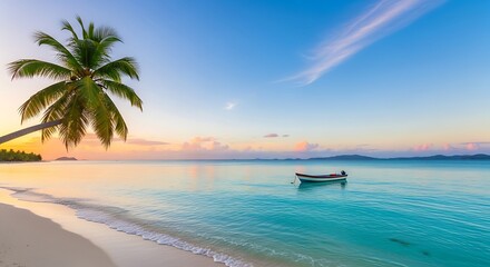 Picturesque tropical island escape with palm tree, boat, and serene sunset vista