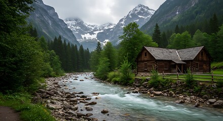 Picturesque Mountain Cabin Retreat Along a Flowing River Surrounded by Majestic Peaks and Lush Forest Scenery