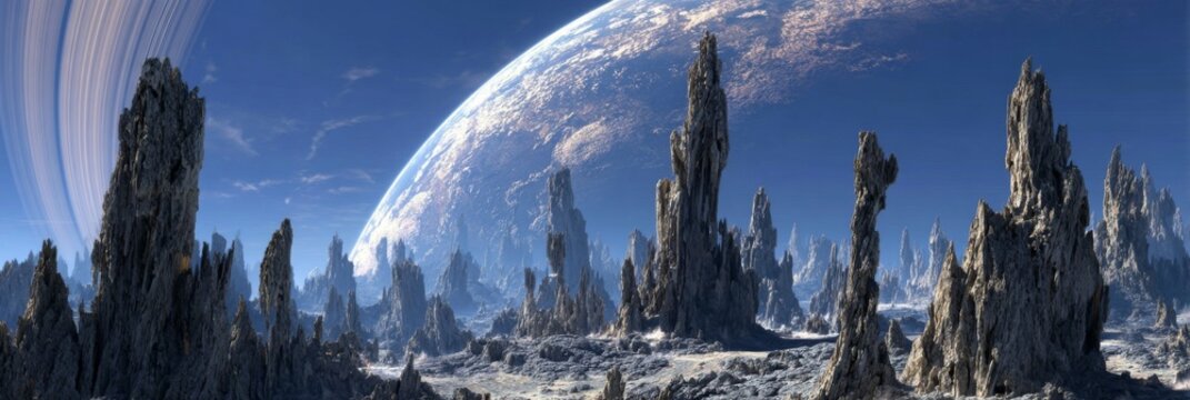 Majestic alien landscape with towering rock formations and distant planetary rings under a vibrant sky with swirling clouds - Powered by Adobe