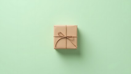 Simple brown paper gift box with twine on light green background viewed from above in studio lighting