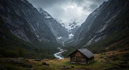 Remote Wooden Cabin Nestled in a Dramatic Mountain Valley with Snow Capped Peaks and a Winding River Under a Cloudy Sky