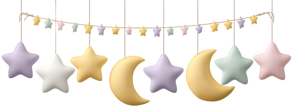 Pastel star and moon garland with soft decorative shapes hanging on string, whimsical nursery decor, dreamy and playful atmosphere, perfect for children room or baby shower
