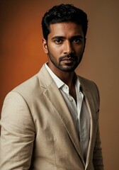 Obraz premium Portrait of a confident young indian businessman in a stylish blazer, exuding professionalism and ambition