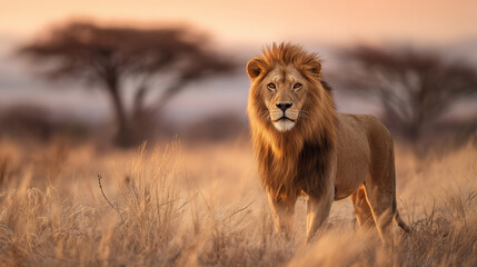Wild male lion standing tall in African grassland