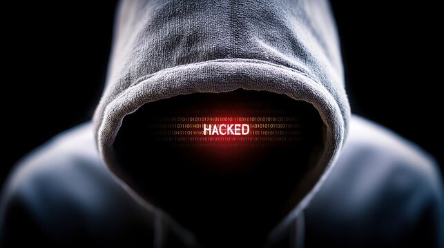 Person wearing a hooded sweatshirt with glowing red binary code and the word HACKED visible