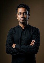 Fototapeta premium Portrait of a confident indian man with crossed arms, wearing a black shirt in a studio setting