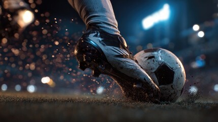 Soccer player's foot striking a dirty ball at night