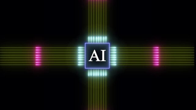 glowing neon AI technology neon line circuit symbol icon on black background.Artificial Intelligence Chip with Glowing Circuit Lines concept. 4k video motion graphic.
