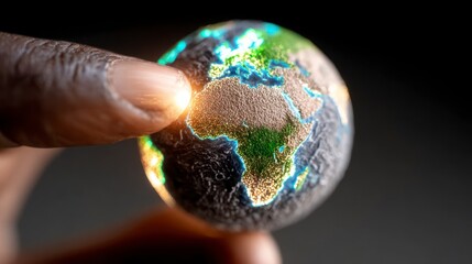 Close up macro view of a finger touching a small glowing planet Earth depicting Africa