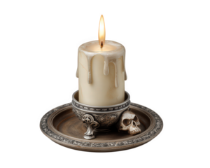 White candle with melting wax sits in ornate metal holder featuring skull and gothic cross, creating spooky Halloween atmosphere, perfect for haunted house decor