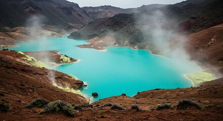 Fototapeta premium Vibrant Blue Lake Surrounded by Volcanic Landscape and Rising Steam in Iceland Geothermal Area