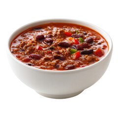 Hearty chili with beans and peppers in a white bowl kidney ground, Isolated On Png Transparent Background