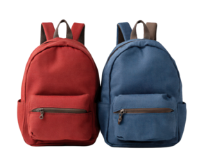 Red backpack and blue backpack with front zipper pocket, canvas material, school bag for children, isolated on transparency background, practical and durable design