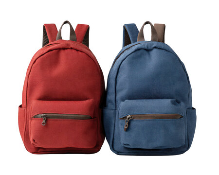 Red backpack and blue backpack with front zipper pocket, canvas material, school bag for children, isolated on transparency background, practical and durable design