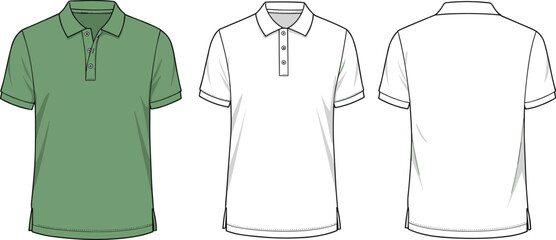 Men’s polo shirt vector template front, back, and side view, flat fashion sketch for clothing design, casual wear mockup © Monir Worlds