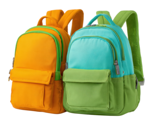 Two colorful school backpacks, one yellow with green accents and one blue with green accents, stand side by side, showcasing modern design and vibrant style for students
