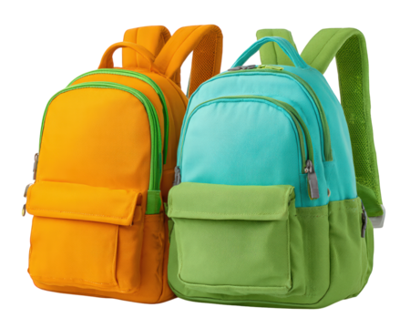 Two colorful school backpacks, one yellow with green accents and one blue with green accents, stand side by side, showcasing modern design and vibrant style for students