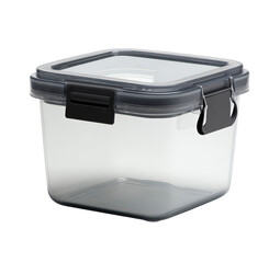Clear square food storage container with gray lid