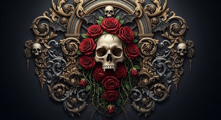Ornate gothic skull and roses design with intricate filigree and dark aesthetic