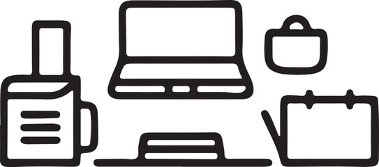 A set of vector icons showing different tools and equipment for business, web, and office design